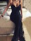 Long Beaded Black Lace Vintage V-Neck Sexy Prom Dresses.  AB060