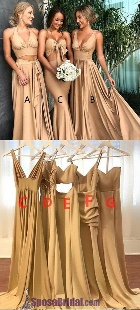 A-line Elegant Sexy V Neck Gold Long Modest Bridesmaid Dresses with Side Slit, WG296