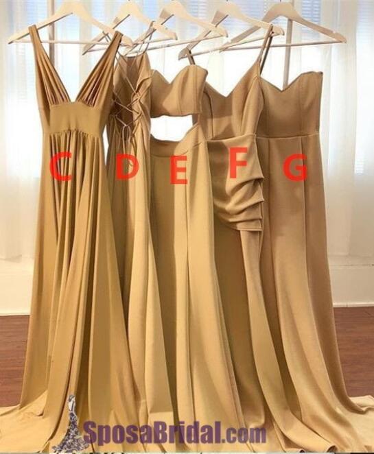 A-line Elegant Sexy V Neck Gold Long Modest Bridesmaid Dresses with Side Slit, WG296