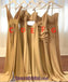 A-line Elegant Sexy V Neck Gold Long Modest Bridesmaid Dresses with Side Slit, WG296