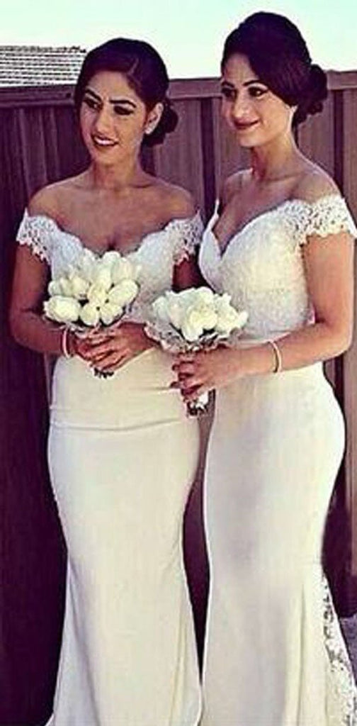 Charming White Long Cap Sleeve Lace Off Shoulder Mermaid Sexy Long Bridesmaid Dresses, WG10