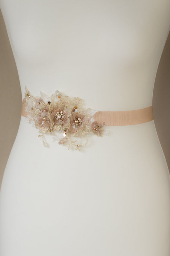 Ivory Dusty Pink Floral Bridal Belt,Wedding Belt, Girl Sash,Lace Appliques Wedding Sashes, SA0033