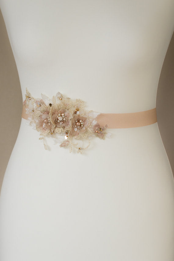 Ivory Dusty Pink Floral Bridal Belt,Wedding Belt, Girl Sash,Lace Appli – AlineBridal