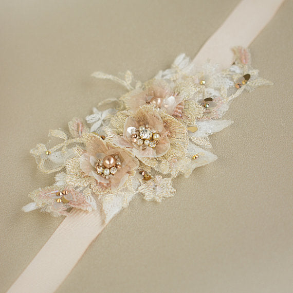 Ivory Dusty Pink Floral Bridal Belt,Wedding Belt, Girl Sash,Lace Appli AlineBridal Ivory Dusty Pink Floral Bridal Belt,Wedding Belt, Girl Sash,Lace Appli AlineBridal