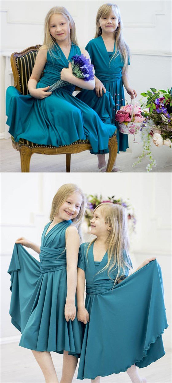 Convertible Teal Jersey Cheap Flower Girl Dresses, Junior Bridesmaid D AlineBridal Convertible Teal Jersey Cheap Flower Girl Dresses, Junior Bridesmaid D AlineBridal