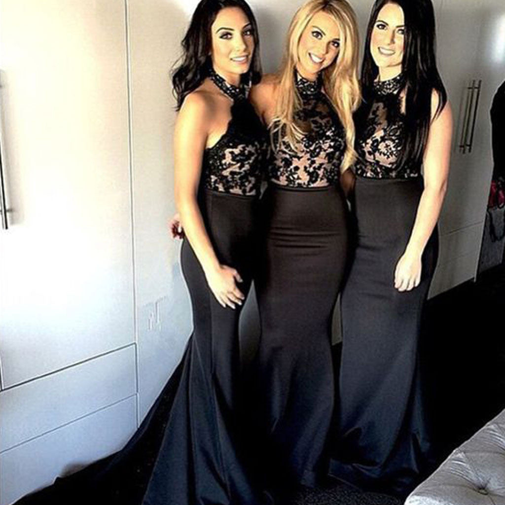 Women Black Lace Halter Mermaid Sexy Long Affordable Impressive Brides – AlineBridal