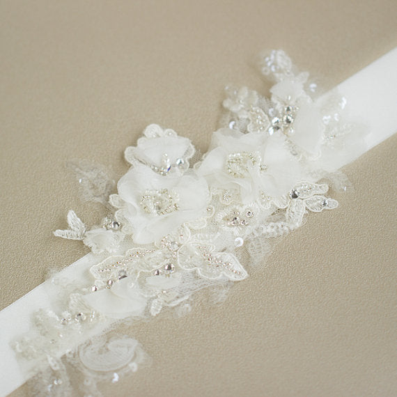 White Floral Bridal Belt,Wedding Belt,Beading Girl Sash,Lace Appliques – AlineBridal