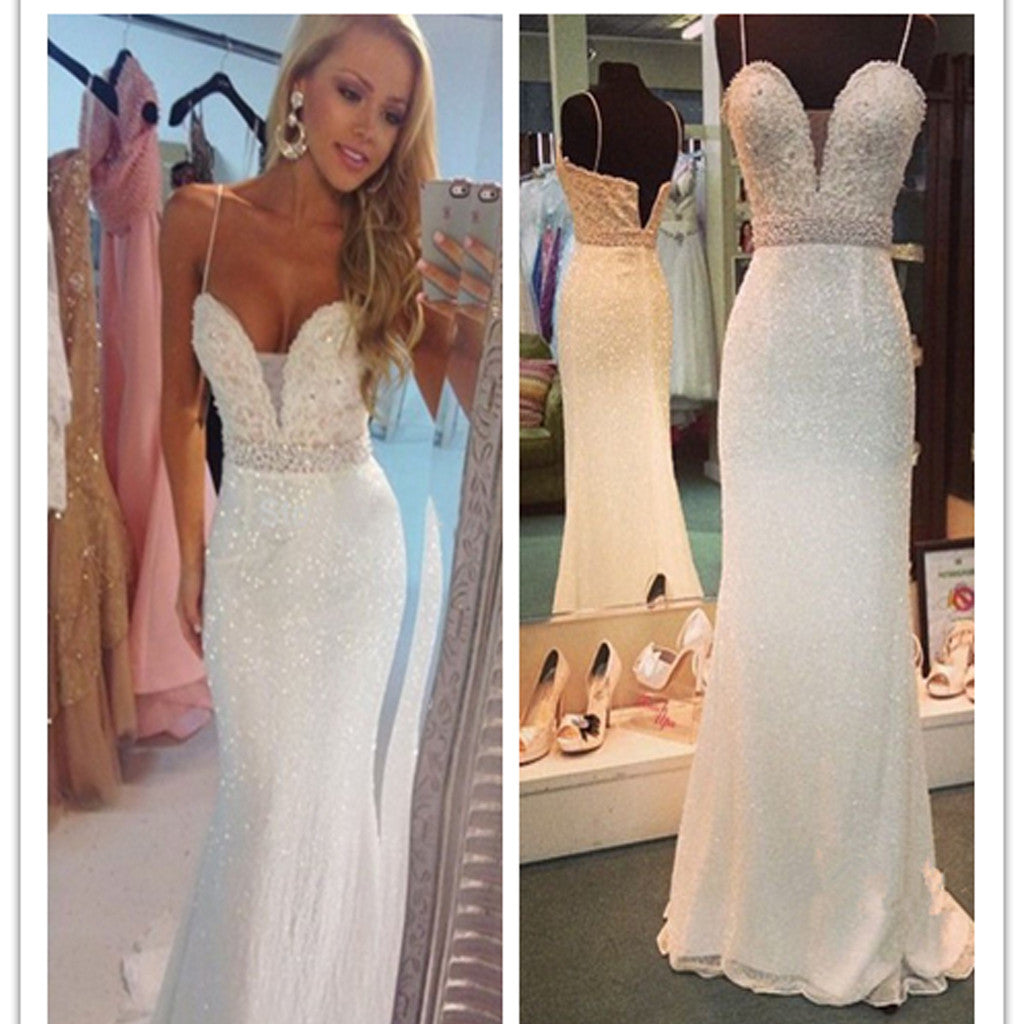 Long white Beaded Spaghetti Straps Mermaid Sexy For teens Evening part Dresses.  PD0256