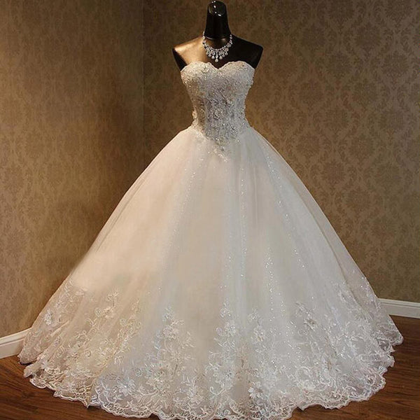 Luxury Sweetheart Rhinestone Beaded White Lace Wedding Dresses, Tulle – AlineBridal