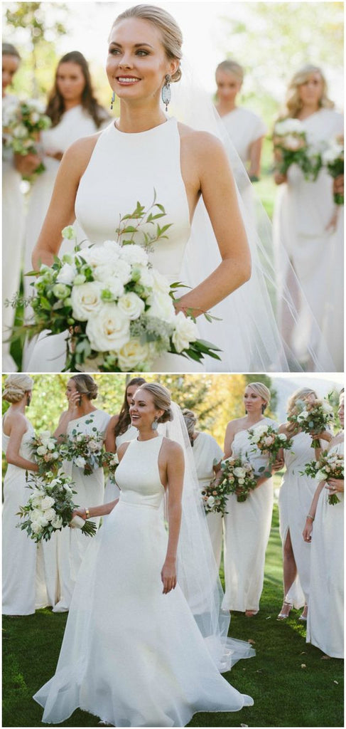 Elegant Long A-line White Satin Tulle Train Shoulder Strap High Neckline Wedding Dress, AB1089