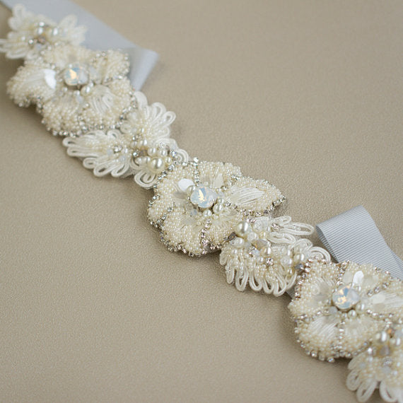 Ivory Beaded Floral Bridal Belt,Wedding Belt,Sparkly Beading Sash