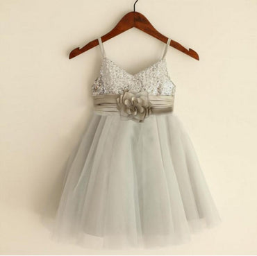 Sparkly Spaghetti Strap V- Neck Light Gray Tulle Flower Girl Dresses With Handmade Flower , FGS027