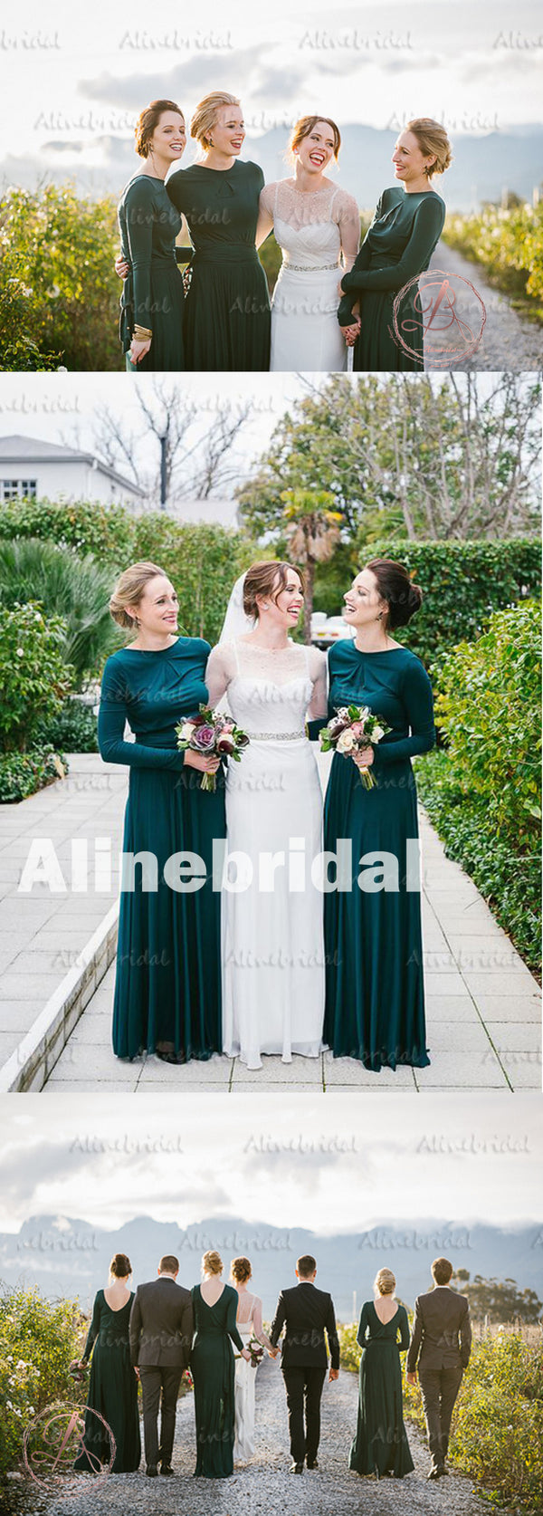 Winter Hot Sale Green Jersey Long Sleeve Round Neck Modest Long Brides AlineBridal Winter Hot Sale Green Jersey Long Sleeve Round Neck Modest Long Brides AlineBridal