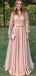 A-line Elegant V-NECK Long Sleeves Pink  Long Prom Dresses with belt PD0850