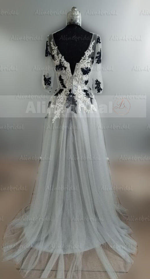 Long Sleeves Appliqued Ball Gown V-Neck Unique Formal Prom Dress. PD0300