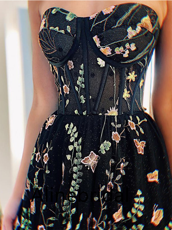 Floral Elegant Sweetheart Black A-line  Long Prom Dress, PD3520