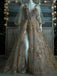 Elegant V-neck Long sleeves Side slit  A-line Long Prom Dress, PD3623