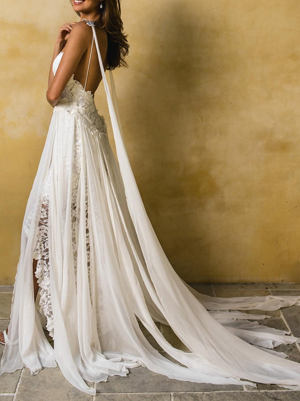 Spaghetti Strap Lace Chiffon Slits Boho Beach Wedding Dresses, AB1544 AlineBridal Spaghetti Strap Lace Chiffon Slits Boho Beach Wedding Dresses, AB1544 AlineBridal