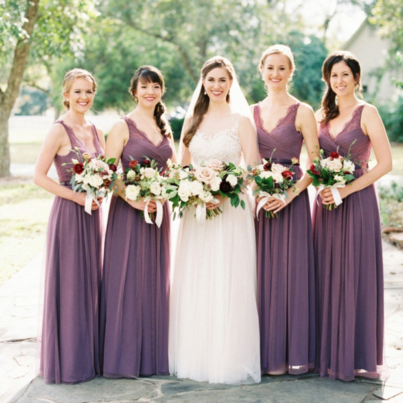 Long A-line  Purple Lace Chiffon V-neck  Wedding Party Guest Bridesmaid Dresses,  AB1154
