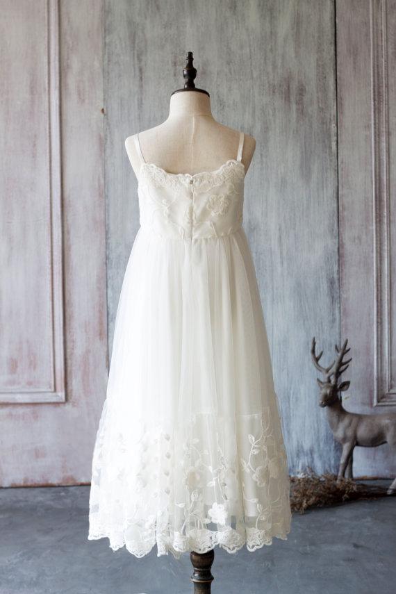 Spaghetti Ivory Lace Tulle Flower Girl Dresses, Popular Junior Bridesm AlineBridal Spaghetti Ivory Lace Tulle Flower Girl Dresses, Popular Junior Bridesm AlineBridal
