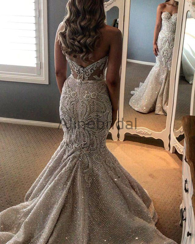 Gorgeous Shiny Beading Lace Strapless Overskirt Wedding Dresses, AB1525