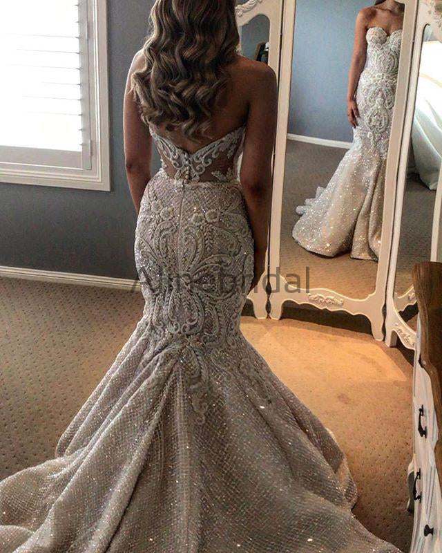 Gorgeous Shiny Beading Lace Strapless Overskirt Wedding Dresses, AB1525