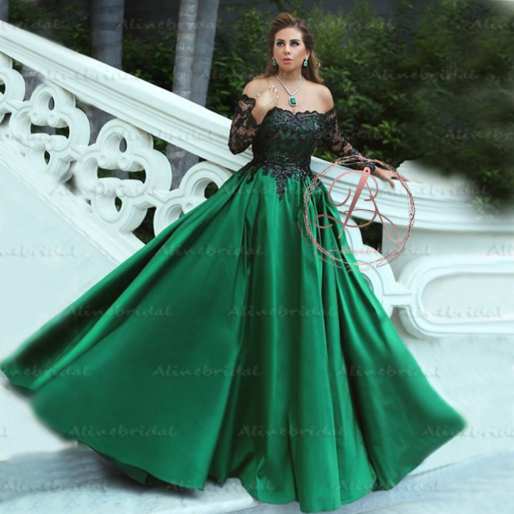 Green V-neck Lace Long Prom Dress, A-Line Evening Dress with Slit –  Loveydress