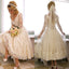 Vintage V-Neck Long Sleeve Tea Length White Lace Princess Wedding Party Dresses, WD0031