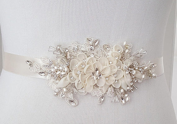 Ivory Floral Bridal Belt,Wedding Belt,Crystal Rhinestones Girl Sash,La AlineBridal Ivory Floral Bridal Belt,Wedding Belt,Crystal Rhinestones Girl Sash,La AlineBridal