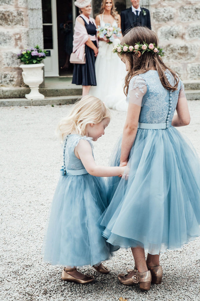 Blue Lace Top Tulle Flower Girl Dresses, Popular Cheap Junior Bridesma AlineBridal Blue Lace Top Tulle Flower Girl Dresses, Popular Cheap Junior Bridesma AlineBridal