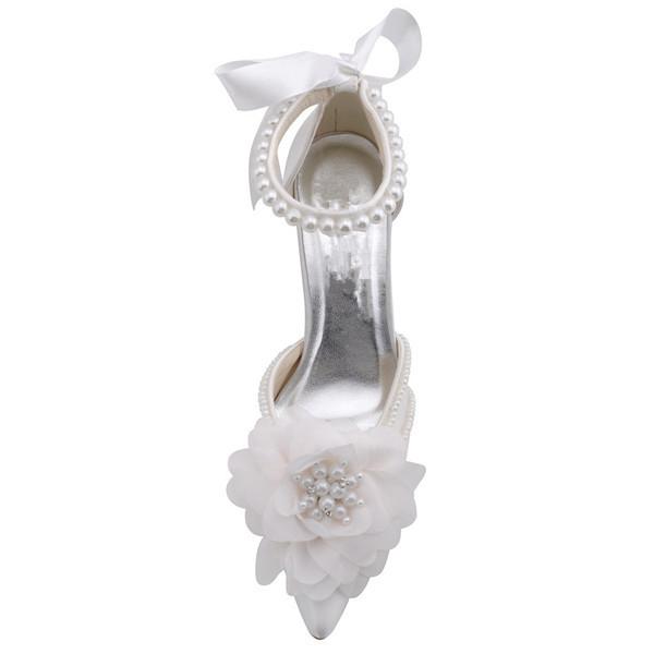 Pearls Women Wedding Shoes With Ribbons Lace Up Party Shoes Pointed Toes, S030