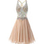 Short Sparkly Vintage Sleeveless V-neck Rhinestone Top Chiffon Open Back Homecoming Dresses,BD0036