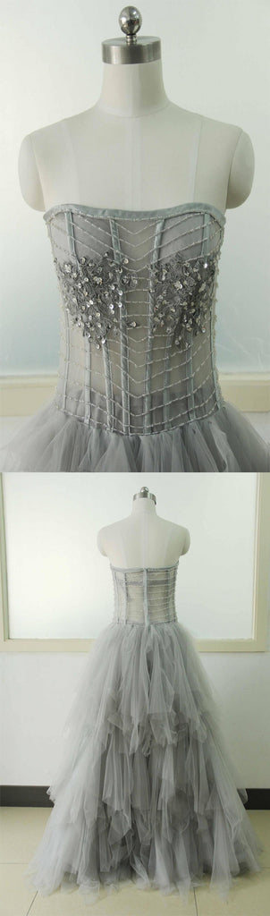 Light Gray Strapless Unique Vintage Formal Ball Gown Prom Dresses. PD070