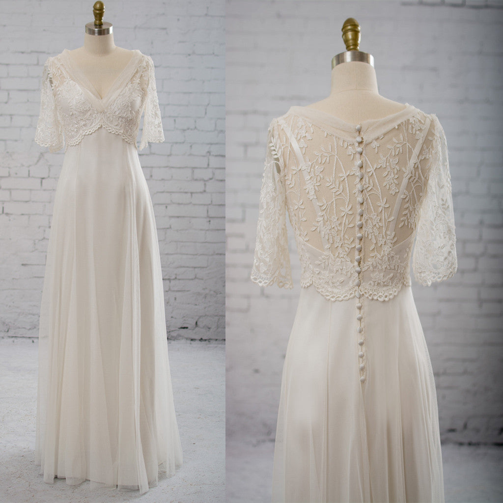 Vintage Half Sleeve V-Neck Elegant See Through Wedding Party Dresses, WD0037