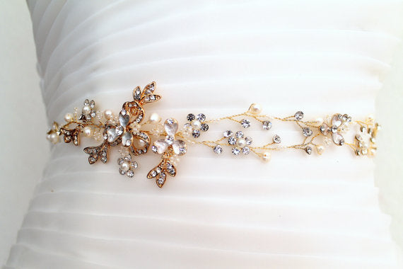 Floral Bridal Belt,Wedding Belt,Crystal Rhinestones Girl Sash, Gold Beaded Leaves Sashes, SA0026