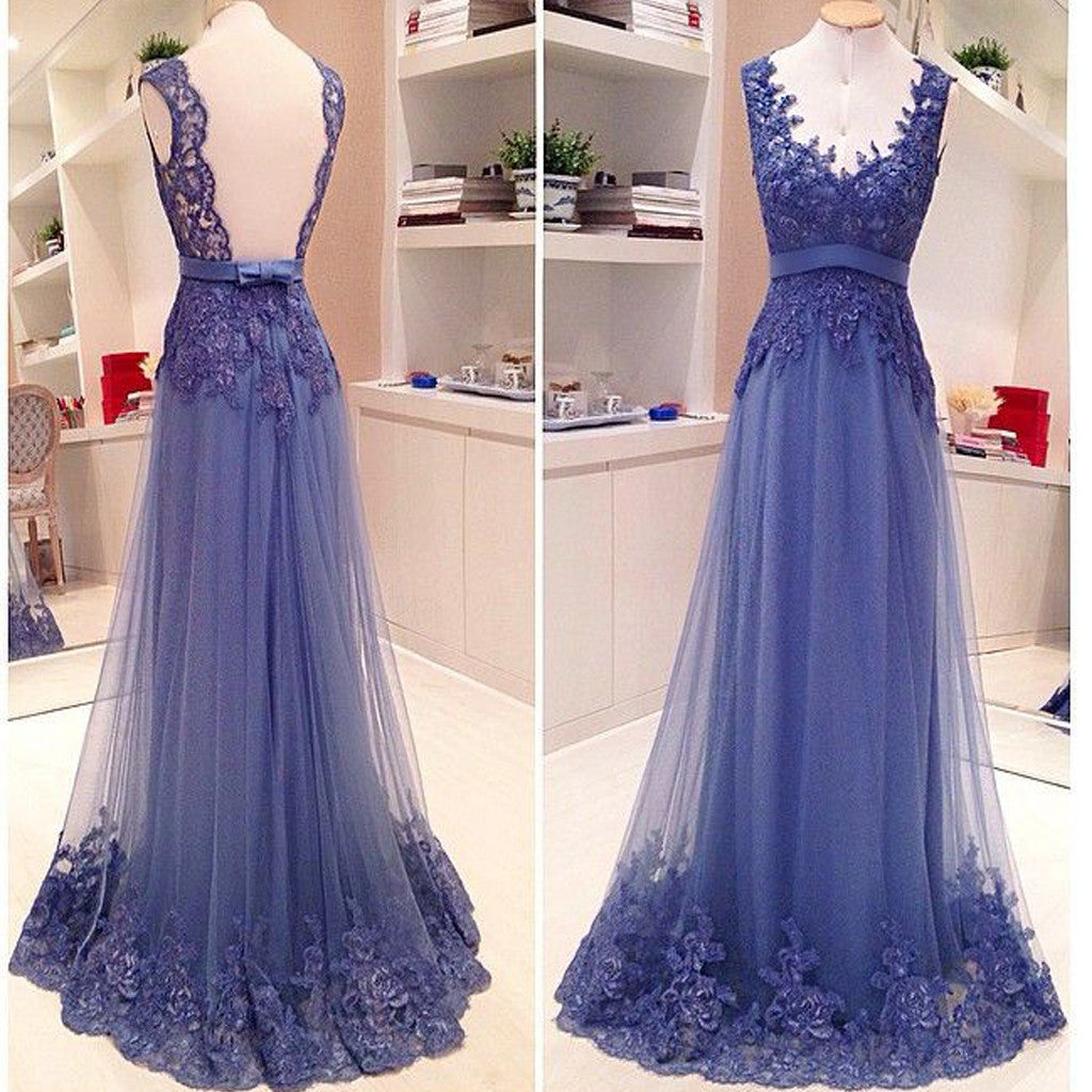 Blue Lace Open Back A-line Elegant Vintage Formal Evening Gown Prom Dress. PD071