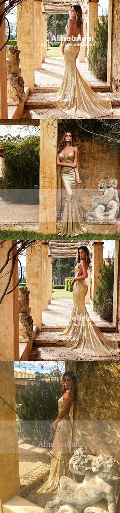 Fashion Popular Gold Sequins Spaghetti Strap Backless Mermaid  Prom Gown Dresses,PD00049