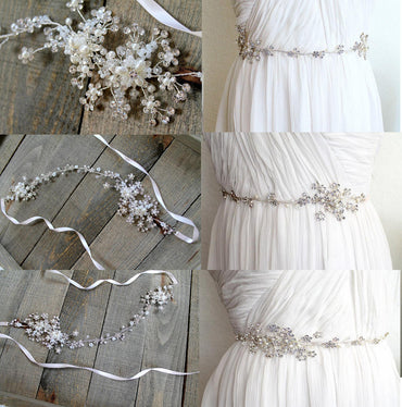 Gold Pearl and Crystal Floral Leaf Ivory Wedding Dress Belt