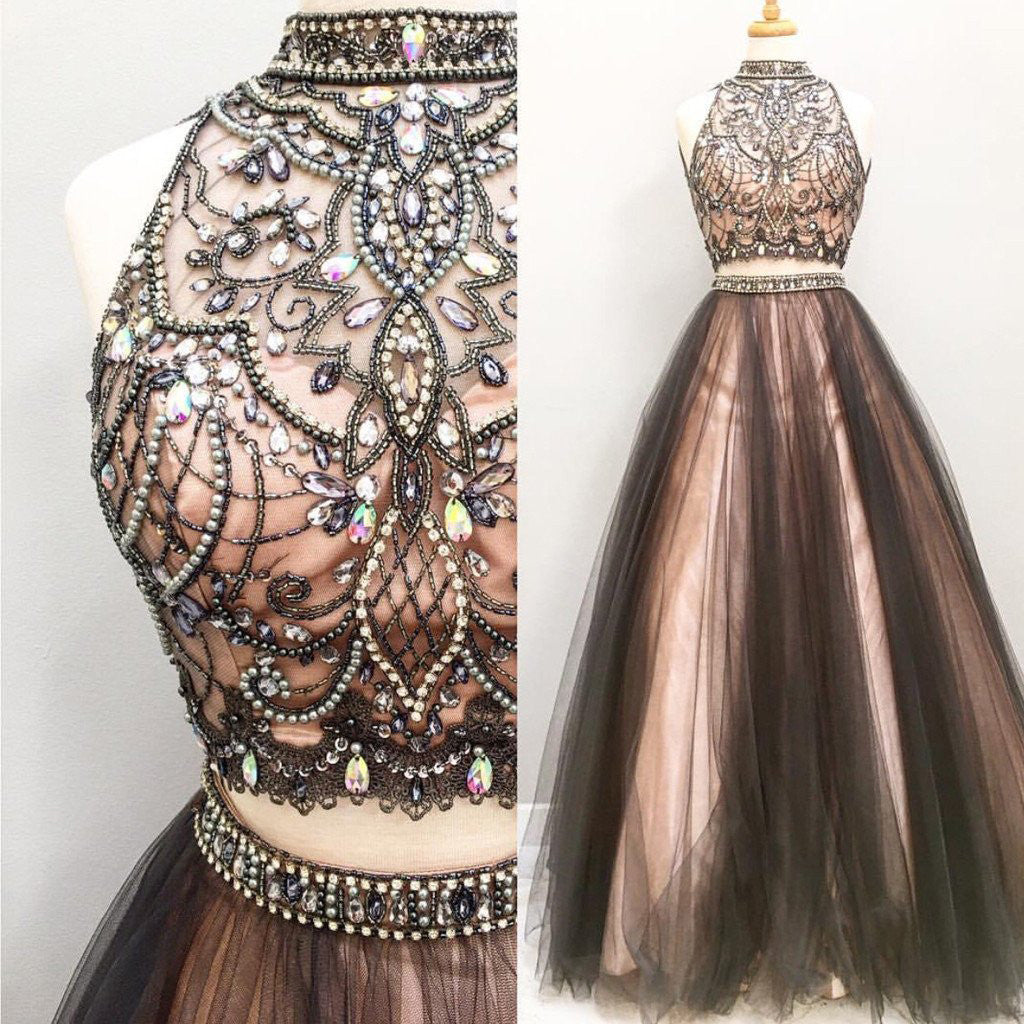 Glamorous Black Nude Beaded Rhinestone Two-Piece Prom Dress-High Neck AlineBridal Glamorous Black Nude Beaded Rhinestone Two-Piece Prom Dress-High Neck AlineBridal