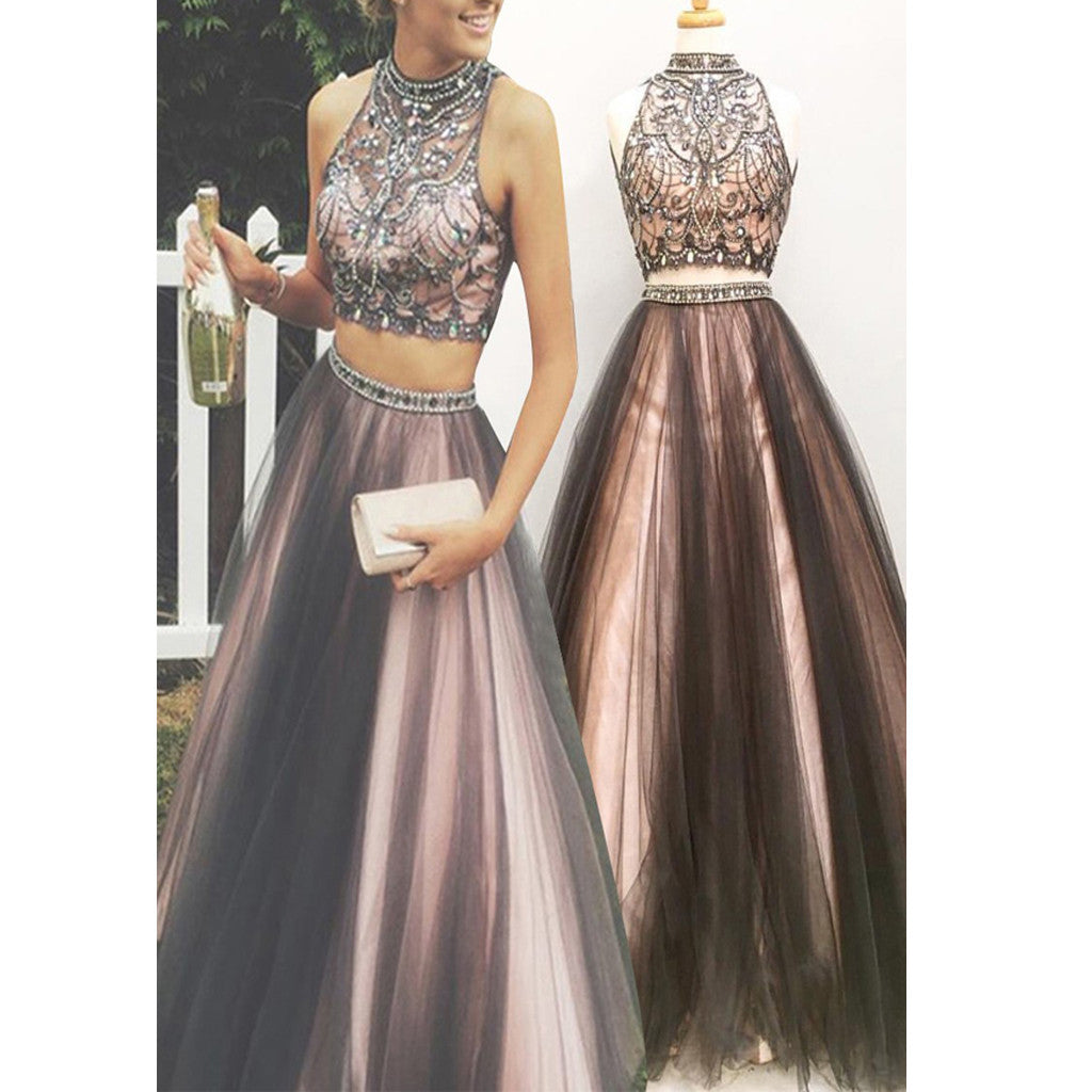 Glamorous Black Nude Beaded Rhinestone Two-Piece Prom Dress-High Neck AlineBridal Glamorous Black Nude Beaded Rhinestone Two-Piece Prom Dress-High Neck AlineBridal