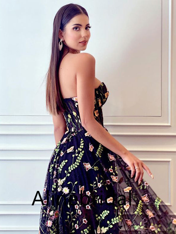 Floral Elegant Sweetheart Black A-line  Long Prom Dress, PD3520