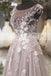 Grey Tulle Cap Sleeve Scoop Neck Appliques See-through  Prom Dresses,PD00069