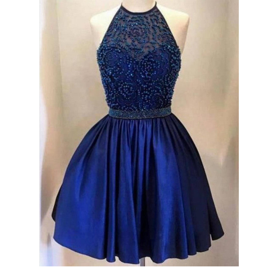 Halter backless Royal Blue Beaded homecoming prom dresses, CM0026