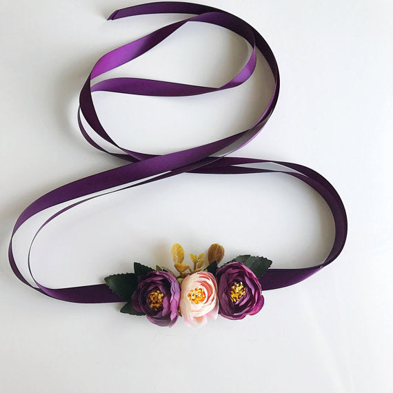 Purple Handmade Flowers  Girl Sash,Country Bridesmaids Sash,Elegant Satin Sash, SA0004