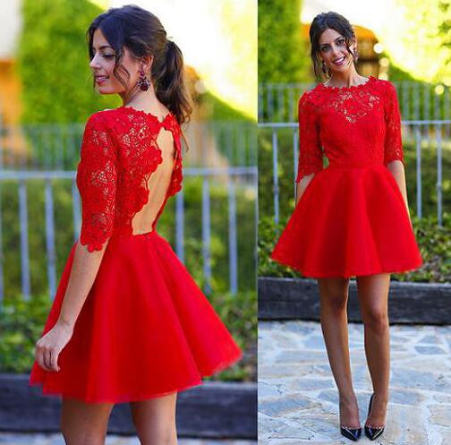 Red Sexy Long sleeve open back lace homecoming dresses, CM0002 AlineBridal Red Sexy Long sleeve open back lace homecoming dresses, CM0002 AlineBridal