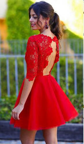 Red Sexy Long sleeve open back lace homecoming dresses, CM0002 AlineBridal Red Sexy Long sleeve open back lace homecoming dresses, CM0002 AlineBridal