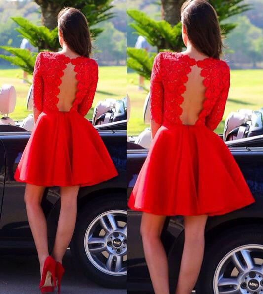 Red Sexy Long sleeve open back lace homecoming dresses, CM0002 AlineBridal Red Sexy Long sleeve open back lace homecoming dresses, CM0002 AlineBridal