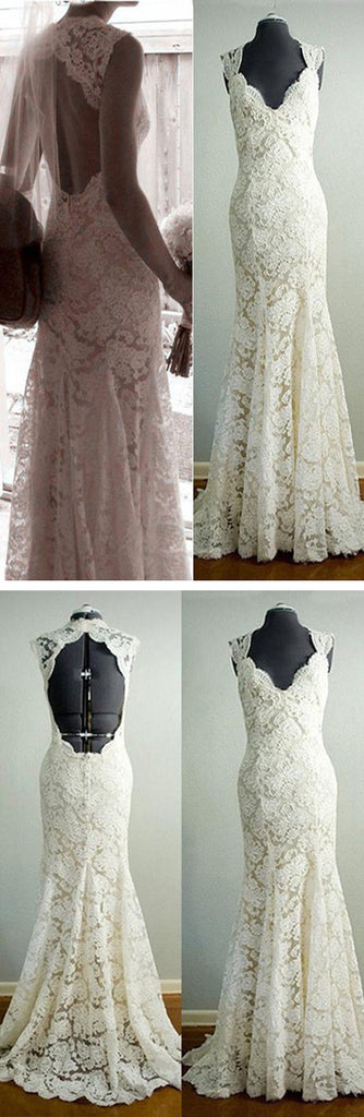 Vintage Beige Lace Open Back Long Mermaid Wedding Party Dresses, Bridal Gown, WD0042