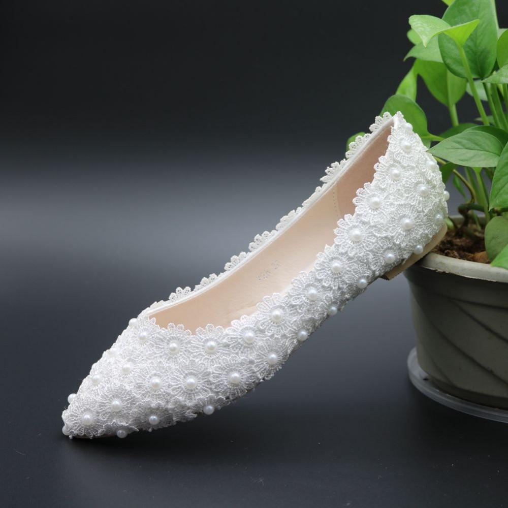 Pregnant Flat Heels Pearls Lace Pointed Toe White Wedding Bridal Shoes, S017 Pregnant Flat Heels Pearls Lace Pointed Toe White Wedding Bridal Shoes, S017