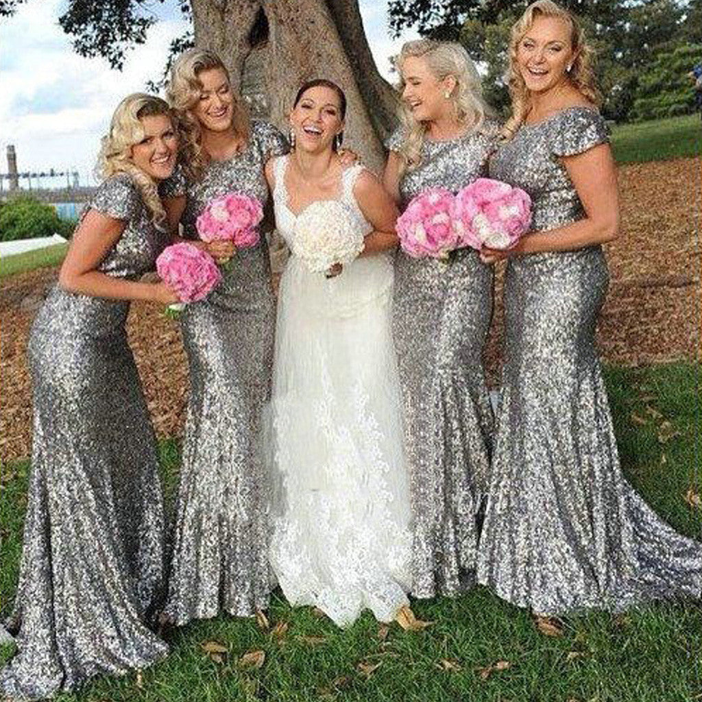 Sparkly Popular Cheap Short Sleeve Bling Silver Sequin Sexy Mermaid Lo – AlineBridal